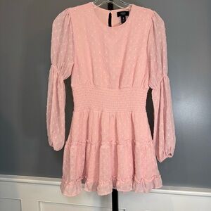 AQUA Girls Pink Swiss Dot Smocked Puff Sleeve Tiered Dress L Cottagecore